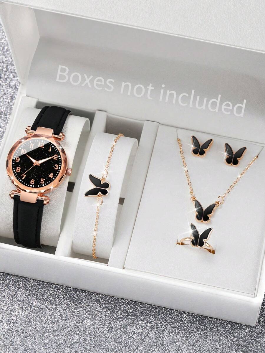 6pcs/Set Women's Gift Watch With Fashionable Numeric Starry Dial Quartz Wristwatch + Butterfly Jewelry Set (Excluding Watch Box) - Black - View 1