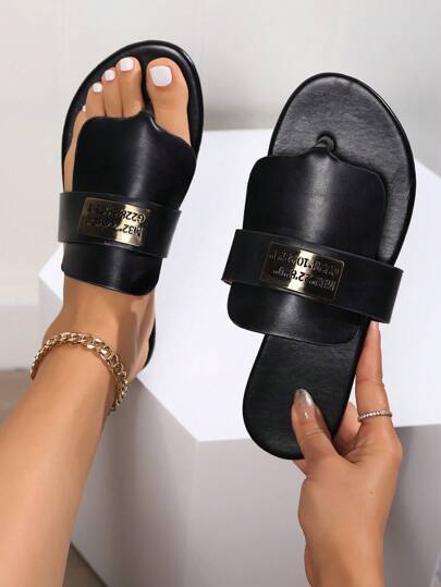 Women's Flat Sandals, Fashion Slide, Black Casual Beach Slippers, Size 43