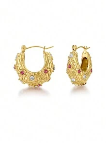 Aretes De Aro De Varios Colores De Circonita Cúbica Incrustados En Oro De 18k Para Mujer, Con Textura De Alta Gama Y Elegante Como Regalo Exquisito De Joyería, Acero Médico 316l, Hipoalergénico
