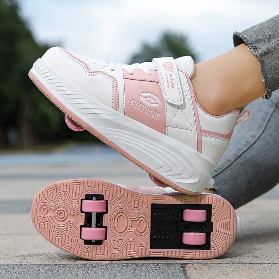 PHTEER 學生適用四輪設計自動輪滑鞋，男女兼用多功能走路、滑步兩用鞋 - 粉色 - 查看 1