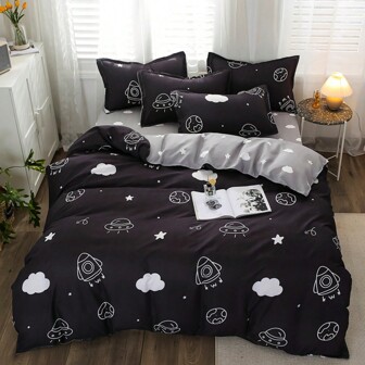 件套卡通圖案黑色床單套，無任何填充物，適合四季的現代超細纖維家居床上用品