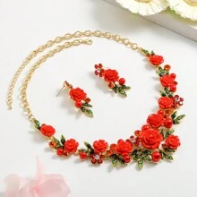 3pcs/Set Elegant Luxury Enamel & Metal 3d Flower Necklace And Earrings Set For Women, Perfect For Banquet And Dinner Parties Stylish And Versatile Valentines