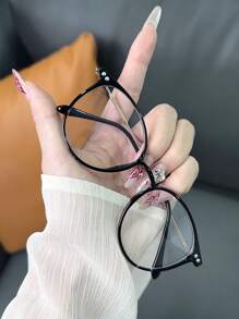 1 par de gafas planas de mujer de plástico ovaladas, elegantes, simples, versátiles, de tacto suave, con estilo campus y apropiadas para uso diario y ocasiones de boda - Negro - Ver 2