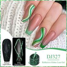 綠色反光閃粉線條凝膠指甲油,閃閃發光的法式塗鴉條紋半永久性uv凝膠,diy繪畫美甲琺瑯美甲線條凝膠刷粘合劑,適用於家庭沙龍女性禮物 - 綠色 - 查看 3
