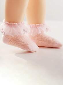 1pair Baby Girls' Pink Lace Ruffle Trim Floral Mesh Breathable Soft Comfortable Short Socks, Suitable For Daily Life