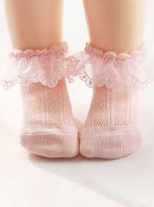 1pair Baby Girls' Pink Lace Ruffle Trim Floral Mesh Breathable Soft Comfortable Short Socks, Suitable For Daily Life