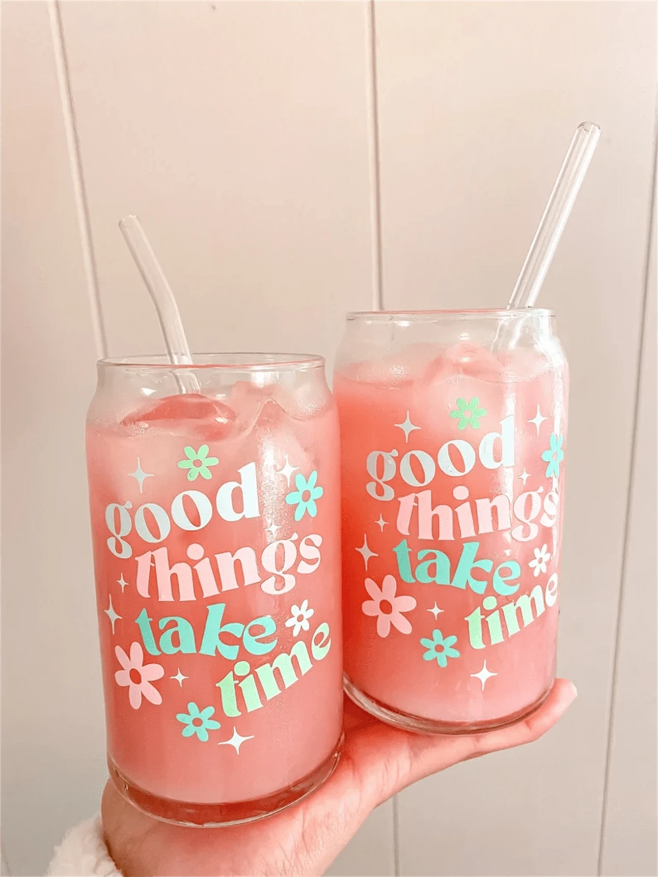 1pc ,480ml Good Things Take Time Aesthetic Can Shaped Glass | Cute Boho Retro Inspired Coffee Cup Or Mug | Mother's Day Or Best Friend Gift - Clear - View 4