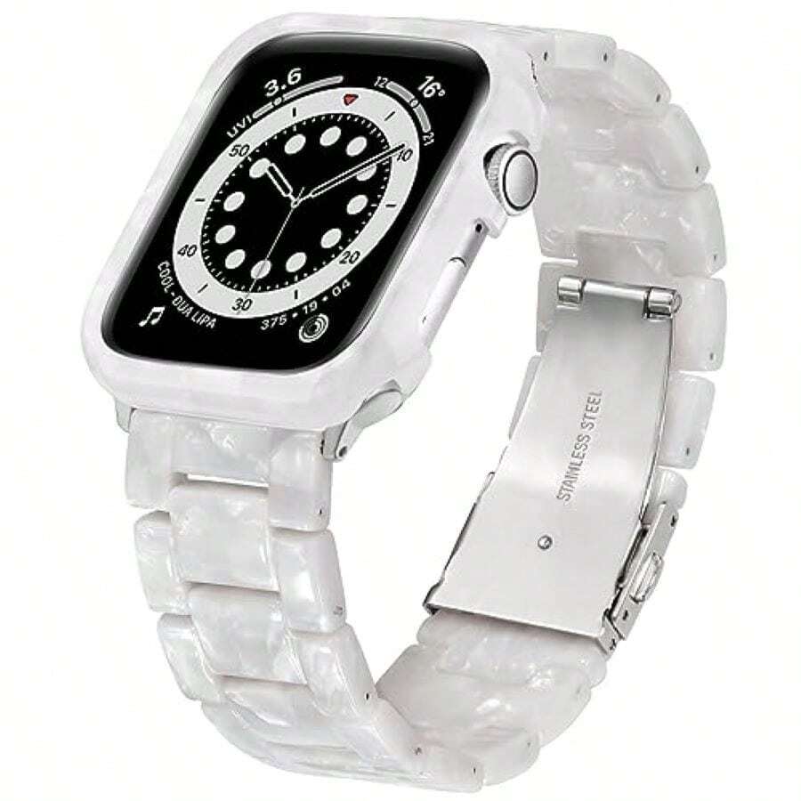 Resin Band With Bumper Case For Apple Watch 40mm 41mm 44mm 45mm Lightweight Wristband - Pearl-White - 查看 1
