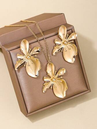 1套誇張而新鮮的金屬花項鍊耳環套裝,適合女士日常通勤、旅行、假期、約會、生日和節日禮物及派對佩戴