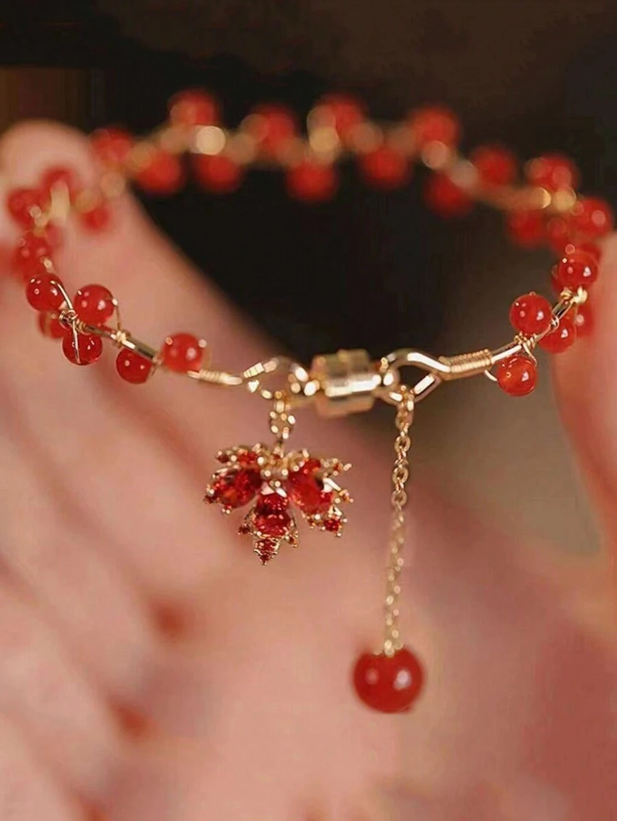 1pc Red Maple Leaf Beaded Wrap Bracelet For Women - Red - View 1