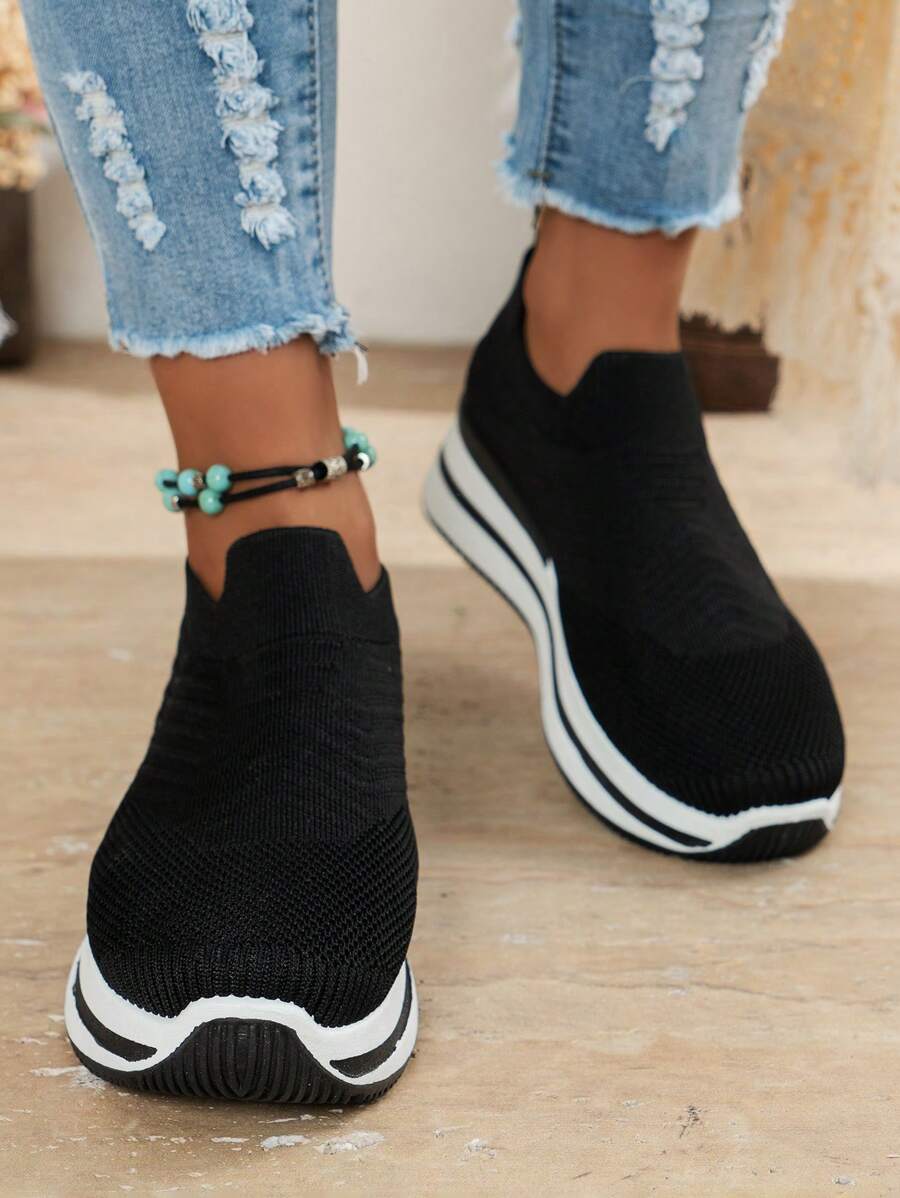 女士簡單純色增厚底彈性擺脫式步行鞋，柔軟底部，低幫透氣純色鞋 - 黑色 - 查看 1