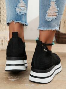 女士簡單純色增厚底彈性擺脫式步行鞋，柔軟底部，低幫透氣純色鞋 - 黑色 - 查看 3