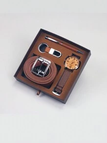 Conjunto de caja de regalo para novio, esposo o hombres de negocios que incluye reloj sencillo, correa de estilo empresarial, llavero de moda, pluma práctica de firma, adecuado como regalo de graduación para estudiantes escolares, día del maestro y ocasiones de regalos para papá - Marrón - Ver 1