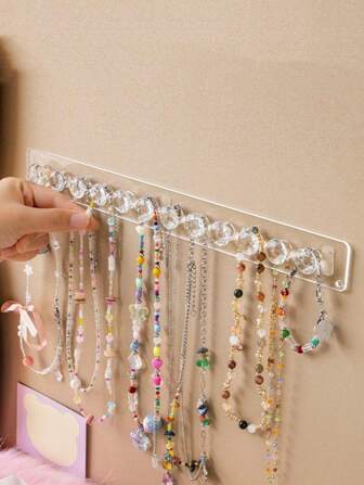 1pc Jewelry Organizer Stand For Necklaces, Bracelets, Earrings And Rings With Transparent/Pink Wall-Mounted Display Rack For Dressing Table, Mirror Cabinet