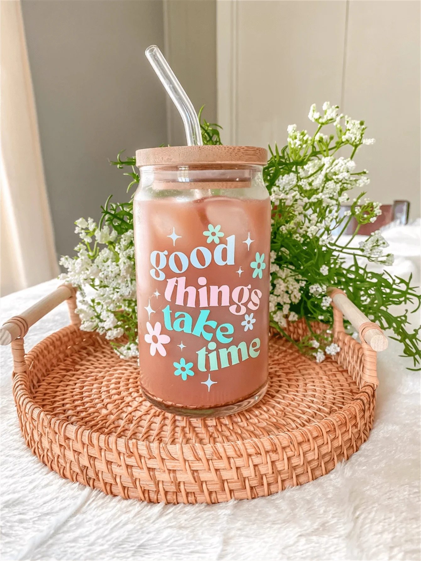 1pc ,480ml Good Things Take Time Aesthetic Can Shaped Glass | Cute Boho Retro Inspired Coffee Cup Or Mug | Mother's Day Or Best Friend Gift - Clear - View 1