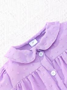 Young Girl Short Sleeve Turn-Down Collar Solid Color Top With Floral Printed Shorts - Purple - View 4