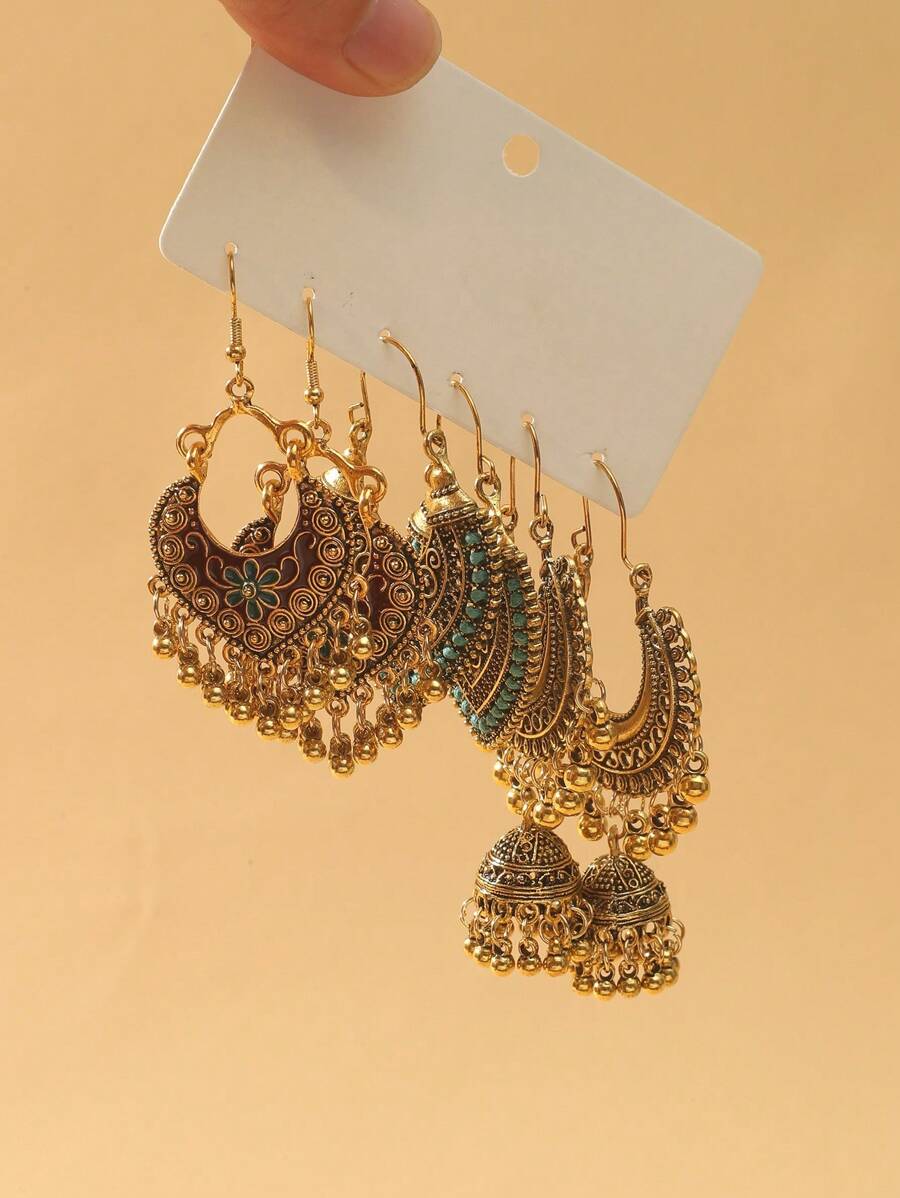 3對復古花卉雕花油漬鈴形耳環,適用於女性派對,日常佩戴 - 復古風 - 查看 1