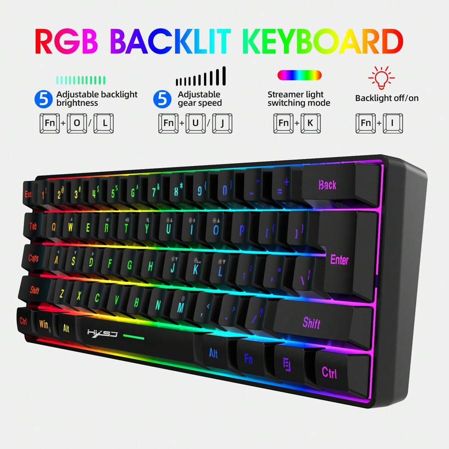 60% 有线游戏键盘，RGB 背光迷你键盘，USB 防水小型超紧凑 61 键键盘，适用于 PC/游戏玩家、打字员、旅行、易于携带商务旅行（黑白）