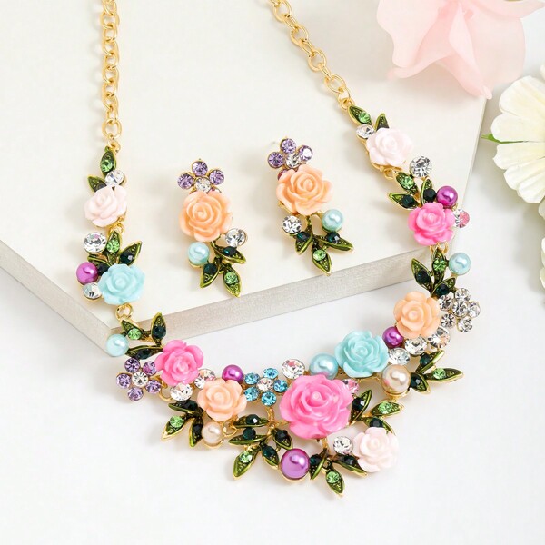 3pcs/Set Elegant Luxury Enamel & Metal 3d Flower Necklace And Earrings Set For Women, Perfect For Banquet And Dinner Parties Stylish And Versatile Valentines