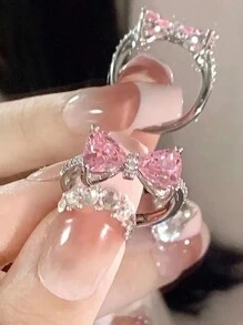 1 件女士粉色蝴蝶结开口戒指，带精致法式微镶嵌粉色水钻细节，情人节、妈妈、母亲、母亲节、礼物 - 彩色 - 查看 1