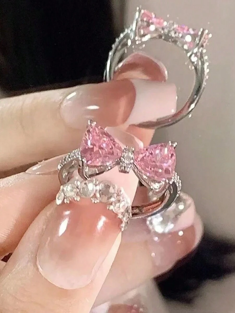 1 件女士粉色蝴蝶结开口戒指，带精致法式微镶嵌粉色水钻细节，情人节、妈妈、母亲、母亲节、礼物 - 彩色 - 查看 1