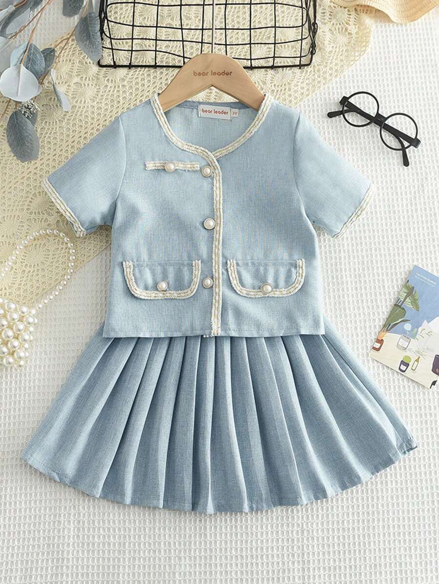Young Girl Elegant College Style Two Pieces Set With Patchwork Ribbon Short Sleeve Top And Pleated Mini Skirt, Summer