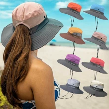 Street 1pc Women's Color Block Embroidered Bucket Hat For Beach, Hiking, And Other Outdoor Activities, With Windproof Strap And Room For Ponytail