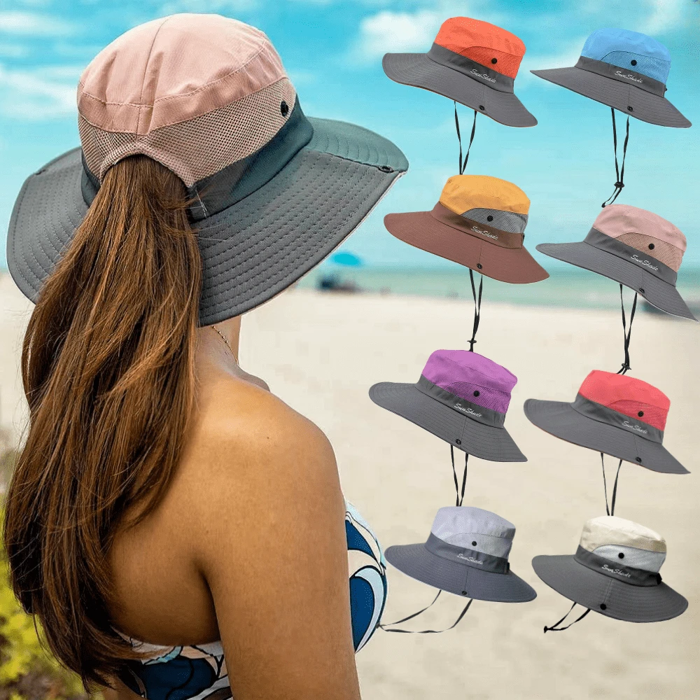 Street 1pc Women's Color Block Embroidered Bucket Hat For Beach, Hiking, And Other Outdoor Activities, With Windproof Strap And Room For Ponytail