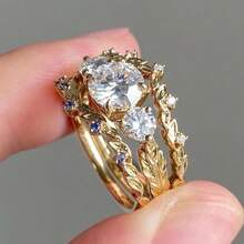 3入組豪華女性婚戒套裝,鑲有鑽石的金色,婚禮時尚珠寶 - 金色 - 查看 2