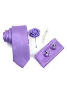 ZLQ&GOU 5pcs/Set Gentle Solid Purple Wedding Groomsmen Tie Set (Includes Tie, Pocket Square, Boutonniere, Tie Clip, Cufflinks), Minimalist Fresh INS Style Gentleman Accessories Suitable For Wedding, Party, Gathering,Festival,Fathers Day Gift - Mauve Purple - View 2