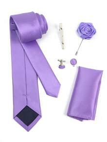 ZLQ&GOU 5pcs/Set Gentle Solid Purple Wedding Groomsmen Tie Set (Includes Tie, Pocket Square, Boutonniere, Tie Clip, Cufflinks), Minimalist Fresh INS Style Gentleman Accessories Suitable For Wedding, Party, Gathering,Festival,Fathers Day Gift - Mauve Purple - View 1