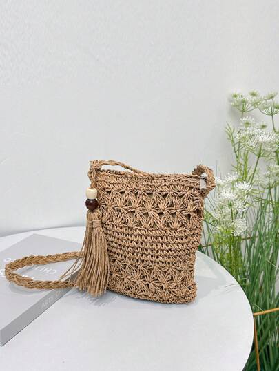 1 Pc Fashionable And Casual Summer Holiday Solid Color Paper Woven Bag With Tassel Tassel Decoration Zipper Style Women's Crossbody Paper Woven Bag For Vacation Holiday&For Honeymoon