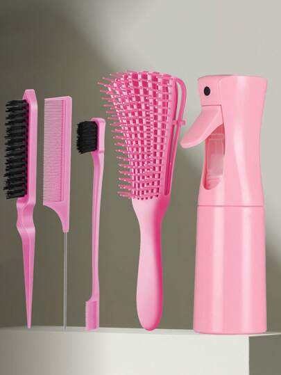 Hair Brush With Hair Styling Comb Set With 200ml Spray Bottle, Detangling Hair Brushes For Women Men Kids Curly Hair, Hair Brush Set With Detangler Brush Teasing Hair Brush Rat Tail Comb Edge Brush, 1 Double Sides Edge Brush, 1 Bristle Brush, 1 Pin Tail Comb