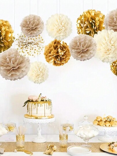 12pcs/Set Gold Tone Paper Flower & Honeycomb Ball Party Backdrop Decoration,Diy Birthday, Spring, Baby Shower, Wedding Paper Flower Decoration, Back To School Valentine Day