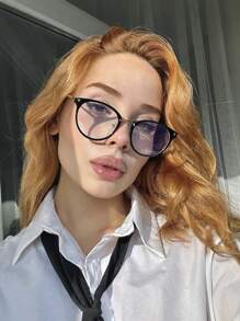 1副女士黑色金属学院风休闲透明镜片眼镜，适合婚礼季和日常通勤佩戴 - 黑色 - 查看 2