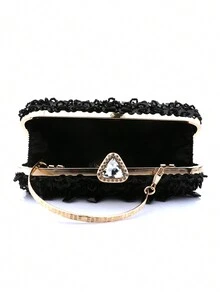 Gorgeous Beaded Tassel Square Shape Hard Shell Evening Clutch Bag For Brides And Parties, With Chain - Black - View 5