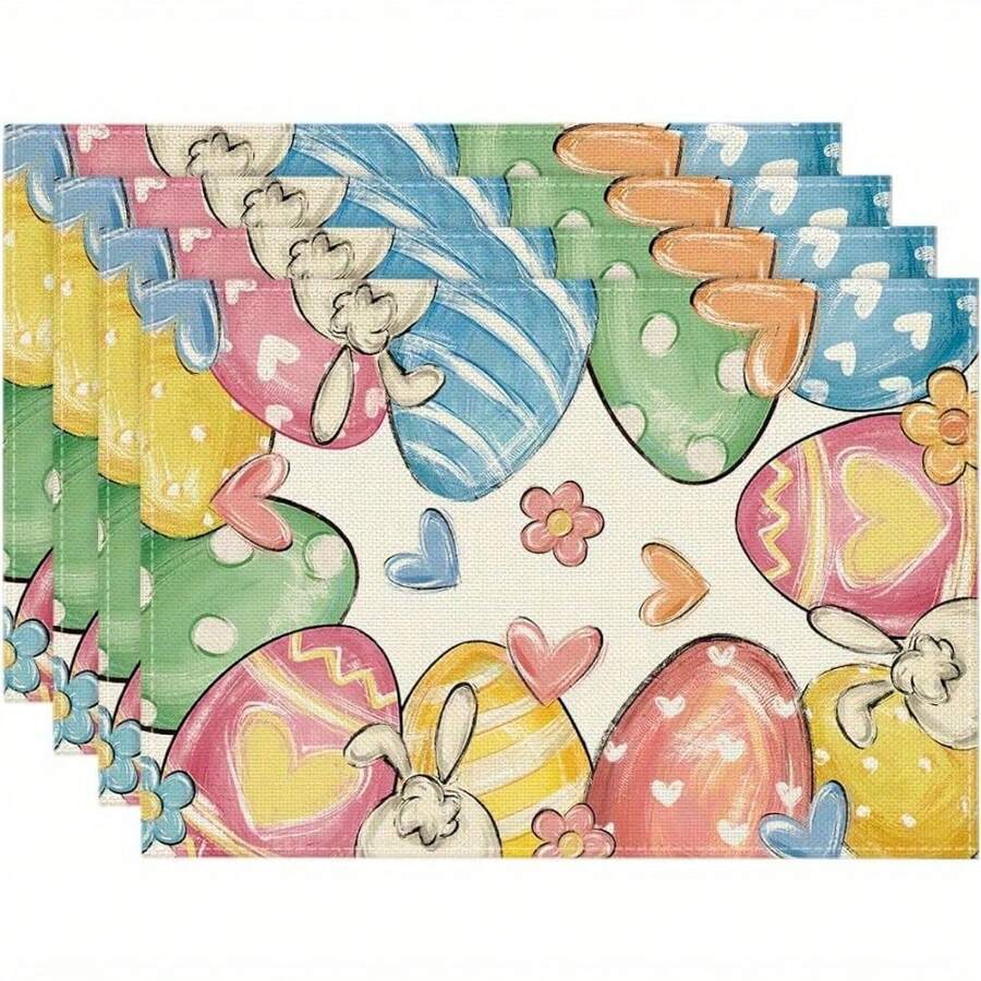 4入組蛋,兔子,花,心形復活節餐墊套裝,12x18英寸季節性春季餐桌墊,適用於聚會廚房用餐裝飾 - 彩色 - 查看 1