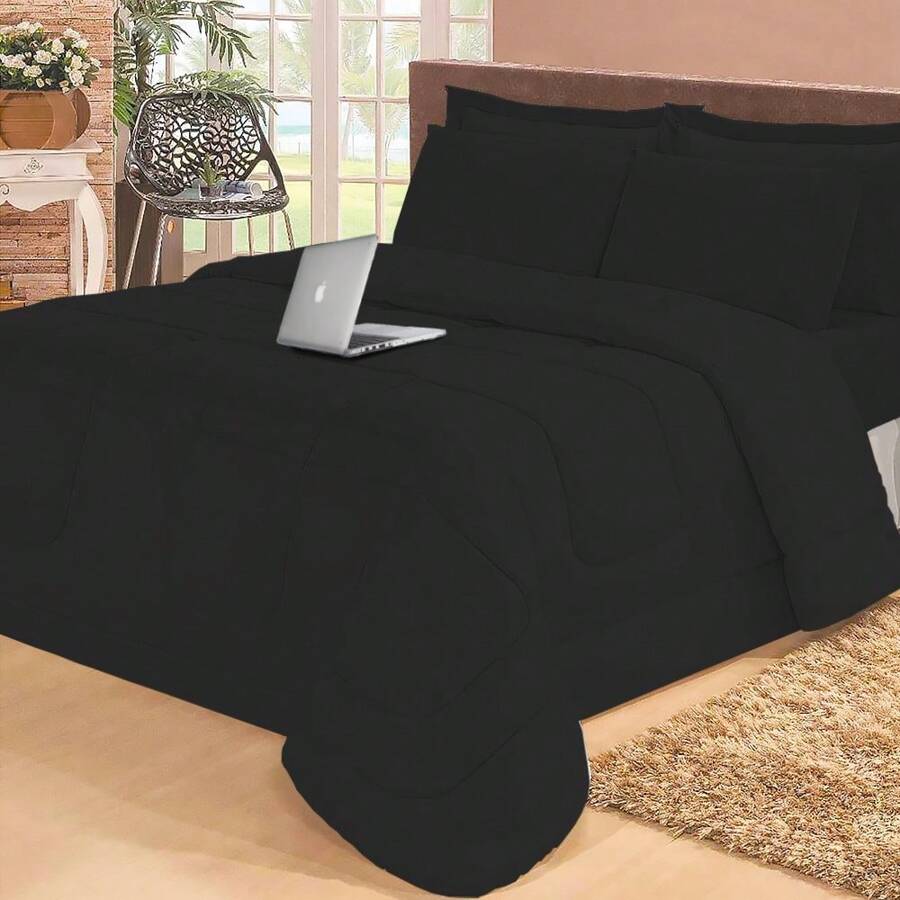 JOGO DE CAMA QUEEN COM EDREDOM LENÇOL FRONHA FUNÇÃO COBRE LEITO E COBERTOR - Preto - Visão 1
