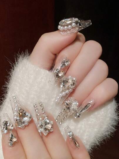 24pcs/Set High-End European And American Style Glitter Full Rhinestone Ballet False Nails + 1pc Jelly Glue + 1pc Nail File Press On Nails Nail Supplies