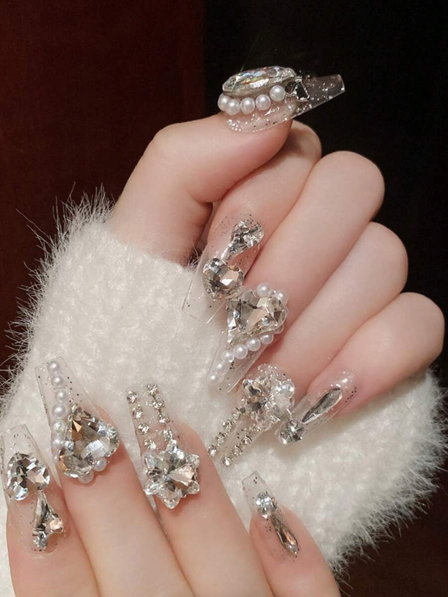 24 Cái/bộ Móng Tay Giả Ballet Kim Cương Giả Lấp Lánh Cao Cấp Phong Cách Châu Âu Và Mỹ + 1 Keo Thạch + 1 Dũa Móng Tay Bấm Vào Móng Tay Đồ Dùng Làm Móng - Nhiều màu - Xem 1