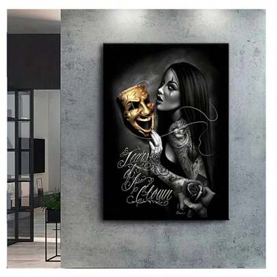 1 Póster De Lienzo Vintage, Pintura De Chica Con Tatuaje De Calavera Amarilla Sobre Lienzo, Pintura De Pared Para Baño, Dormitorio, Oficina, Sala De Estar, Decoración De Pared Del Hogar, Decoración De Halloween Sin Marco