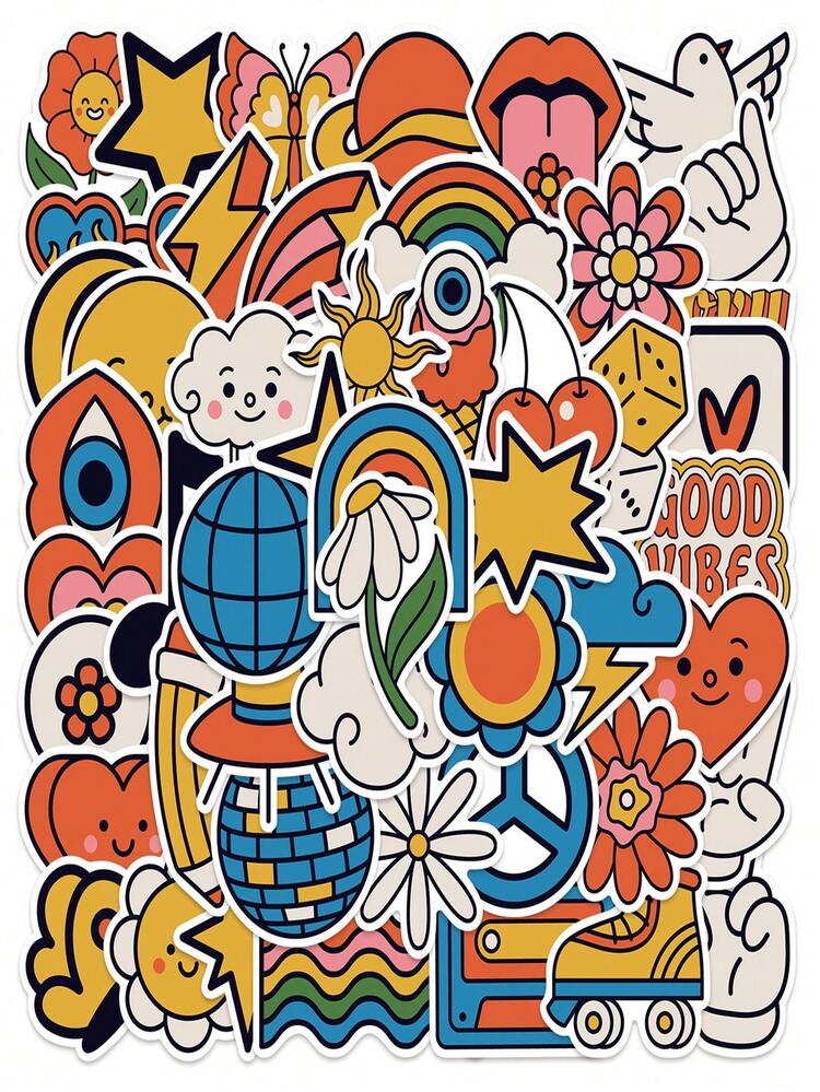 50 Pegatinas De Graffiti De Estilo Hippie De Dibujos Animados - Multicolor - Añade 1