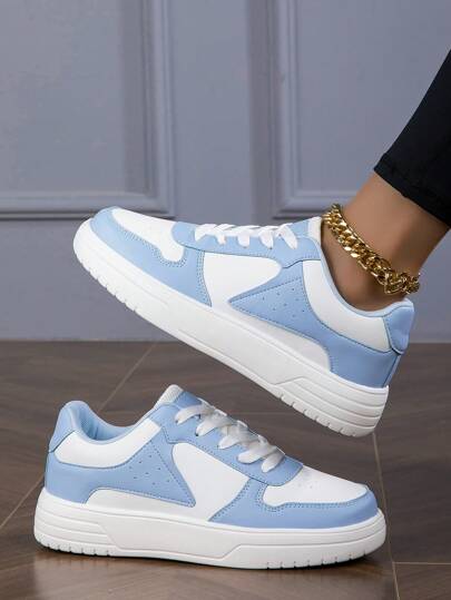Autumn/Winter Unisex Minimalist Casual Sneakers, Light Blue & White Lace-Up Thick Sole Leisure Sports Shoes