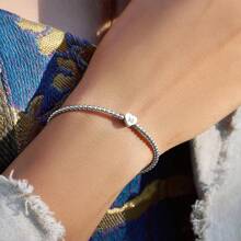 1pc Classic Stainless Steel Heart Initial Bracelet Women 4MM Beaded Bracelet For Women Birthday Valentines - Silver - View 1