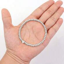 1pc Classic Stainless Steel Heart Initial Bracelet Women 4MM Beaded Bracelet For Women Birthday Valentines - Silver - View 3