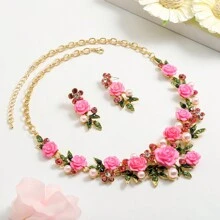 3pcs/Set Elegant Luxury Enamel & Metal 3d Flower Necklace And Earrings Set For Women, Perfect For Banquet And Dinner Parties Stylish And Versatile Valentines