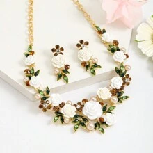 3pcs/Set Elegant Luxury Enamel & Metal 3d Flower Necklace And Earrings Set For Women, Perfect For Banquet And Dinner Parties Stylish And Versatile Valentines