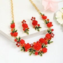 3pcs/Set Elegant Luxury Enamel & Metal 3d Flower Necklace And Earrings Set For Women, Perfect For Banquet And Dinner Parties Stylish And Versatile Valentines