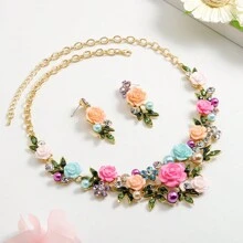 3pcs/Set Elegant Luxury Enamel & Metal 3d Flower Necklace And Earrings Set For Women, Perfect For Banquet And Dinner Parties Stylish And Versatile Valentines