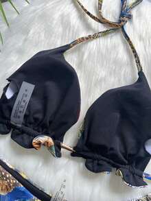 女士孔雀羽毛印花挂脖式比基尼套装 夏季 - 紅色 - 查看 6